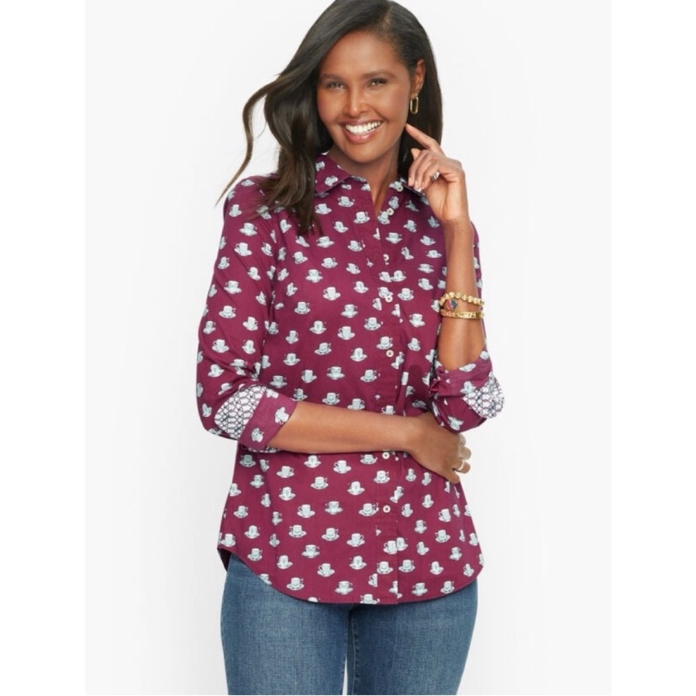 Talbots Tea Time button up shirt burgundy long sleeves tea cups business casua